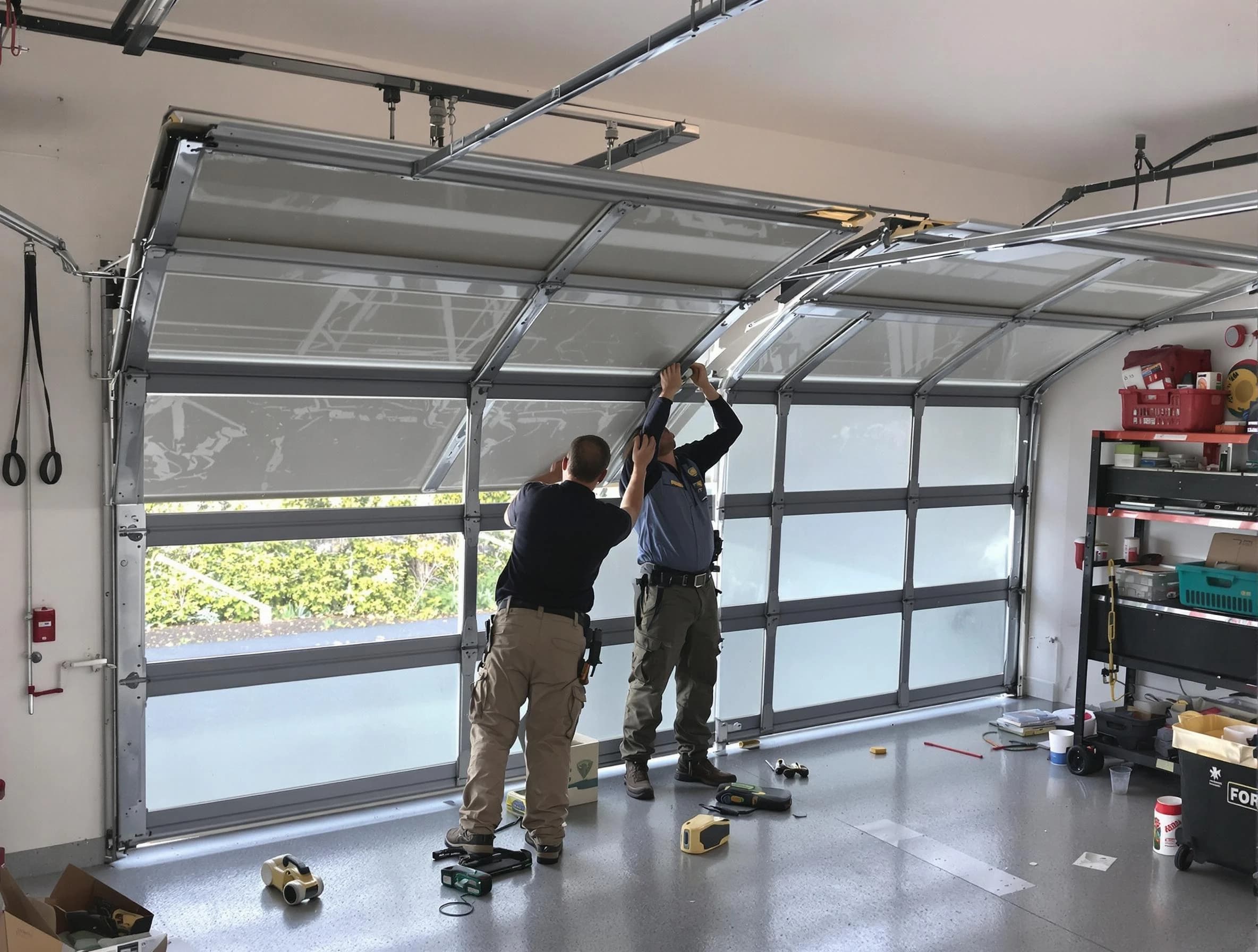 Sandia Heights Garage Door Repair expert performing precise panel replacement on Sandia Heights garage door