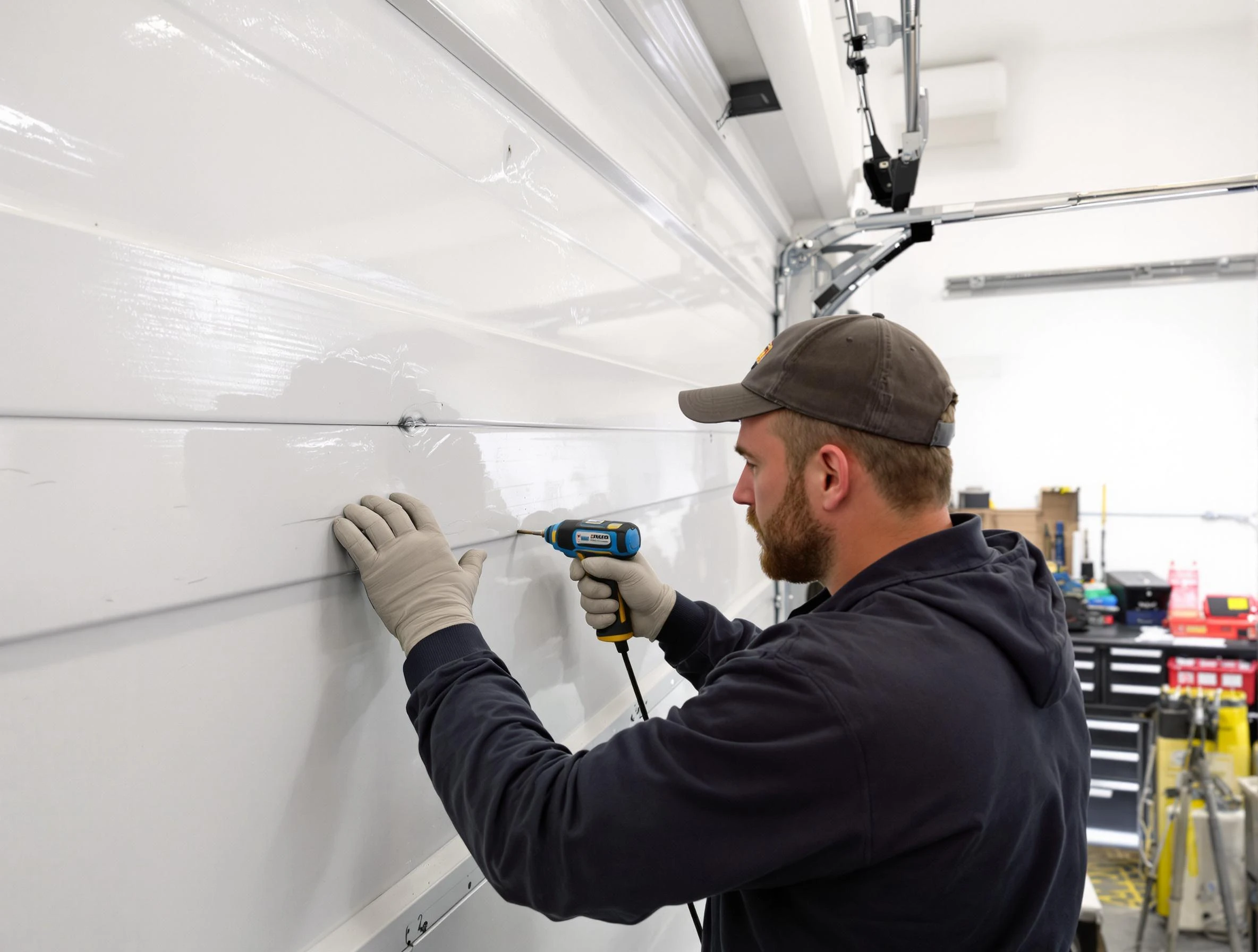 Sandia Heights Garage Door Repair technician demonstrating precision dent removal techniques on a Sandia Heights garage door